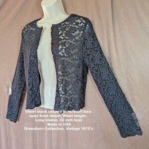 Sheer black unlined floral lace open front 34" bust blazer Waist length, Sleeves